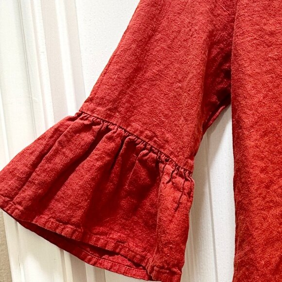 Bryn Walker Women's 100% Linen Tunic Top  Size S Red Ruffle Sleeves Hi Low Boho - Picture 8 of 13